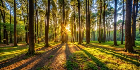 Naklejka premium Warm sunlight filters through trees in a dense forest canopy, casting dappled shadows on the forest floor