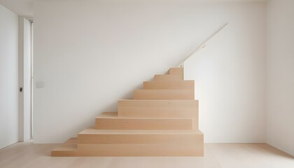 A minimalist wooden staircase ascends gracefully against a stark white wall, creating a modern ambiance.
