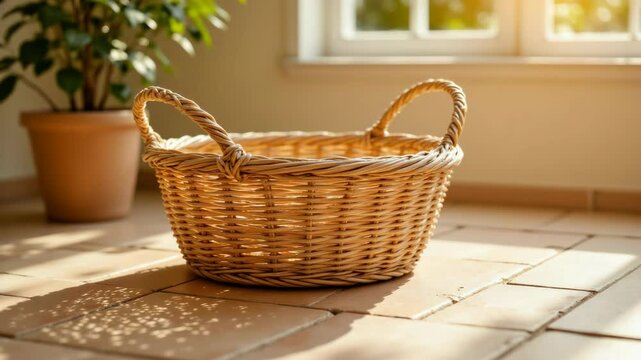 A woven wicker basket with handles sits on a sunlit tiled floor near a potted plant and window.