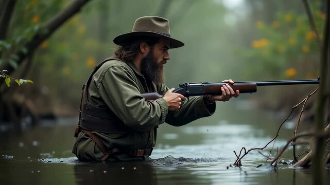 Hunter Man Wielding Rifle Creeping Through Swamp During Hunting Season

