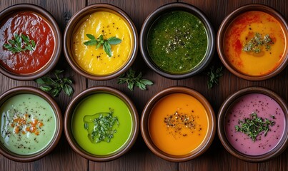 Colorful assortment of gourmet sauces and dips in ceramic bowls on wooden table