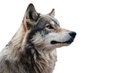 Gray wolf head isolated on transparent background, cutout PNG file.
