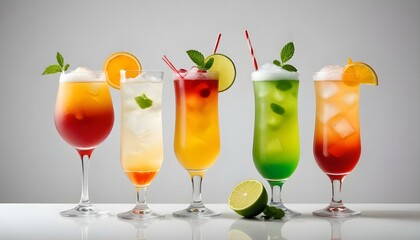 Fototapeta premium A beautifully arranged lineup of vibrant cocktails, garnished for a perfect refreshing experience.
