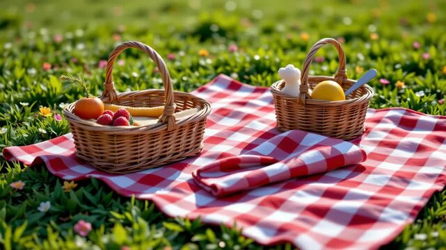 A picnic scene with two wicker baskets of fruit and snacks on a red checkered blanket in a grassy, flower-filled field.