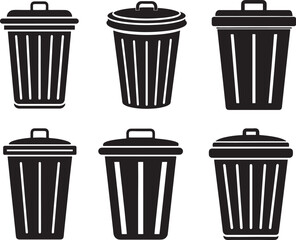 set of trash can silhouette, black and white silhouette, vector and illustration