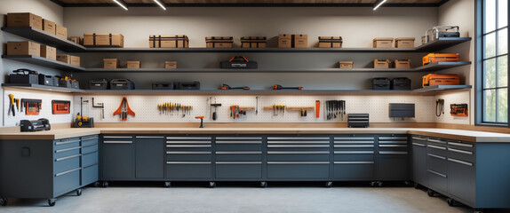 Well-organized garage or workshop interior showcasing tools and storage solutions
