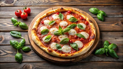 Classic pizza with tomato sauce, mozzarella cheese and fresh basil leaves on a wooden board