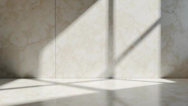 Soft sunlight casts geometric shadows on a smooth, creamy marble wall and floor.