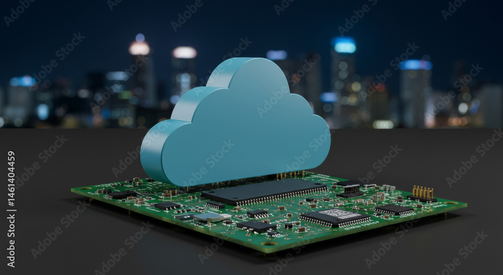 Poster 3d cloud icon atop a circuit board with a blurred cityscape background. conceptual image of cloud co