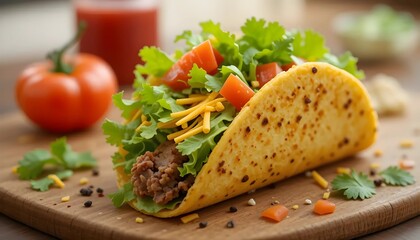 Delicious taco filled with fresh vegetables, beans, and grated cheese; garnished with herbs on a rustic wooden surface. Perfect culinary inspiration for Mexican food lovers and vibrant, appetizing mea