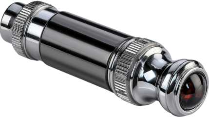 A black metal flashlight, an isolated electric tool with a shiny chrome tube and glass lens, emits a powerful LED light on a white background