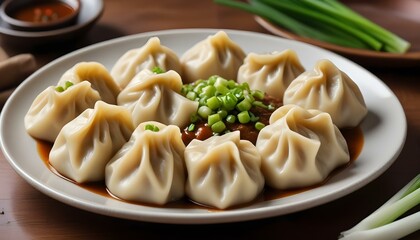 Delicious steamed dumplings, beautifully arranged on a plate with dipping sauce and fresh greens.