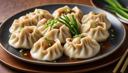 A plate of savory dumplings with a rich sauce and garnished with fresh chives is ready to be eaten.