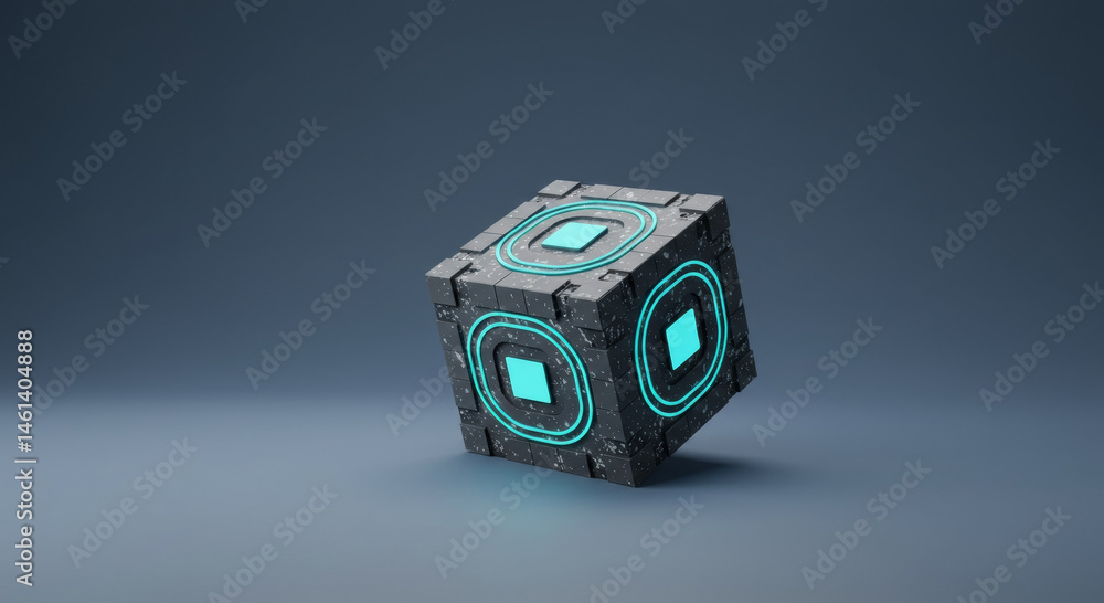 Poster abstract dark gray cube with teal accents in a studio setting. geometric object in a modern, minimal