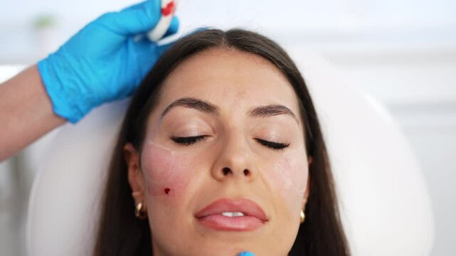 Beautician is contouring the woman's cheekbones with hyaluronic acid filler. Hyaluronic acid filler is injected by needle or cannula. Face contouring concept.