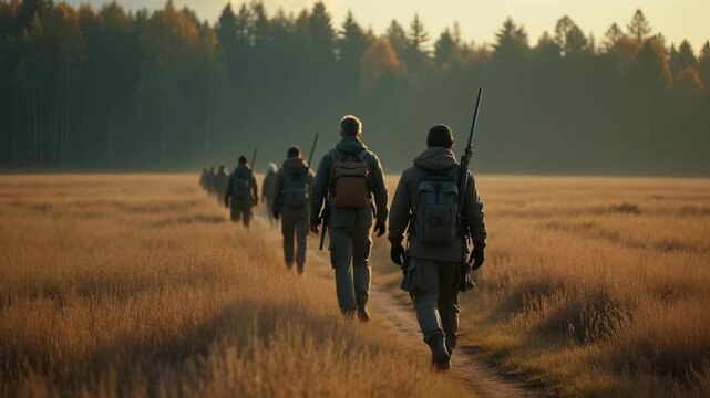 Hunters with hunting equipment going away through rural field towards forest 


