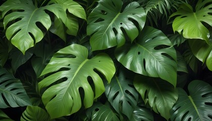 Fototapeta premium An overhead view showcasing an abundance of vibrant green monstera leaves in a dense arrangement.