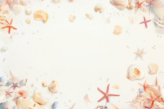 Playful toss of seashells and tiny starfish in pastel gradients with a subtle off-white background