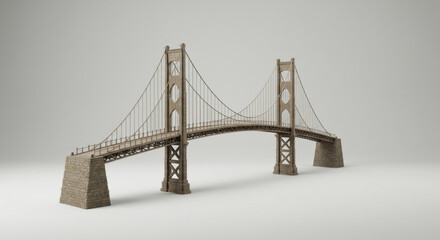 Obraz premium 3D model of a suspension bridge with neutral background. Architectural representation of a suspension bridge in a studio setting.