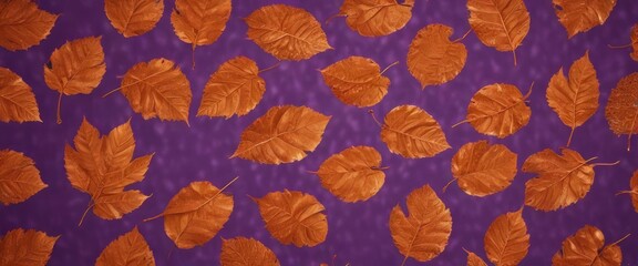 Fototapeta premium Intricate metallic orange leaf pattern on a rich violet background , purple, still life, wallpaper