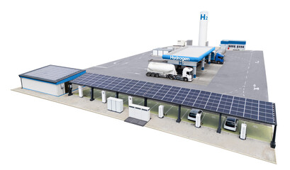Isolated hydrogen fuel station with fueling trucks and solar canopy with charging station for electric vehicles