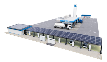 Isolated hydrogen fuel station with fueling trucks and solar canopy with charging station for electric vehicles