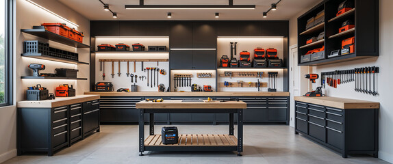 Well-organized professional garage workshop with tools and storage for craftsmanship