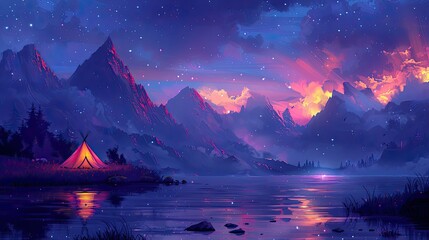 Naklejka premium Evening landscape featuring a tranquil mountain lake and a campsite.