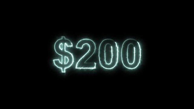 Glowing neon 200 dollars text icon. animation on black background. 4k video