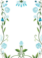 Beautiful frame  with blue  watercolor texture flowers, dan leaves. Frame with beautiful flowers. For wedding card, invitation, greeting card