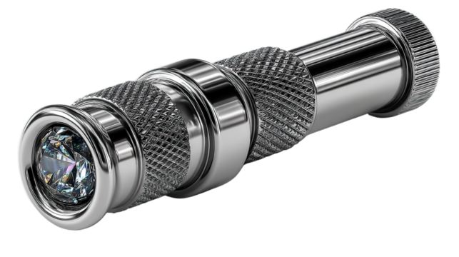 A black metal flashlight, a small electric torch with a bright LED bulb, is isolated on a white background