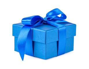 Obraz premium Blue satin ribbon Gift box with a bow on a white background,birthday,gift box, white background, chic, clipping path, cut out, elegant, horizontal, joyful, luxury, 