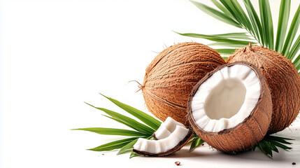 Fresh coconuts arranged with green palm leaves, showcasing natural beauty and tropical essence