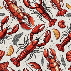 Seamless vector pattern illustration of many beautiful lobsters for wallpaper or natural decorative texture. Colorful design.