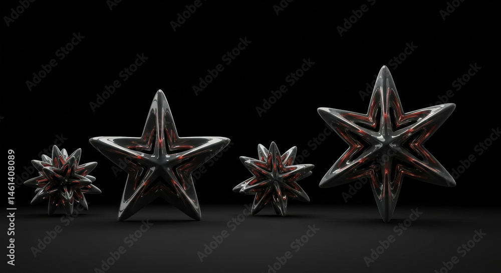 Poster abstract metallic star-shaped objects in dark gray/black with copper highlights in a studio setting.