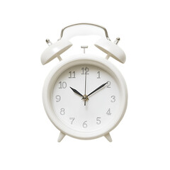 White alarm clock showing the time isolated on black background,