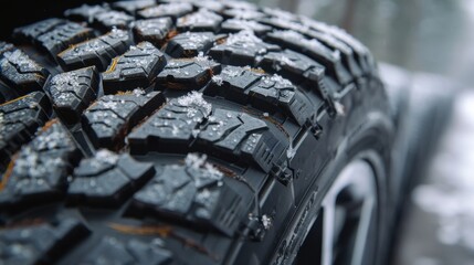 Close-up of a winter tire showcasing its aggressive tread pattern in a snowy forest. Snowflakes cover the surface, emphasizing the tire's ability to handle winter conditions effectively