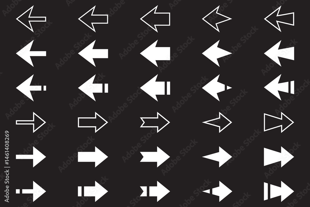 Poster set of black arrows icons vector collection. different arrow icon big set. design elements. eps 10