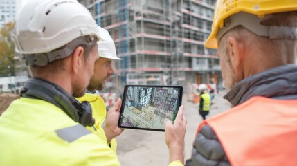 Two construction workers in safety gear examine a tablet displaying project plans at an urban building site. The construction is ongoing with scaffolding visible in the background