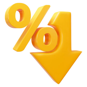 3d low price icon. Yellow percent with arrow down. Crisis concept sign. Stock vector illustration on isolated background.
