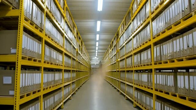 An expansive archive space with rows of files and folders neatly arranged on shelves, demonstrating organization and data storage