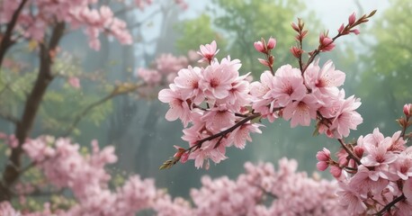 Obraz premium Delicate pink sakura petals drift against a softly blurred spring background , pink, blossom, backdrop