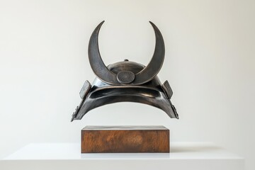Dark metal samurai helmet floating on a wooden base.