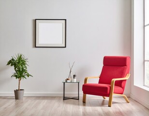 Scandinavian interior design of modern Living Roomoom with accent red armchair and frame on wal