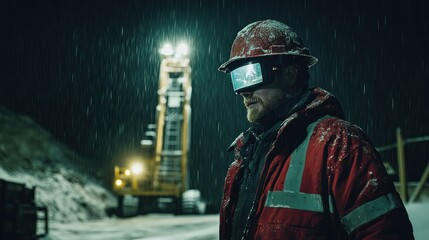Naklejka premium Worker in VR goggles, night-time drilling site, snow