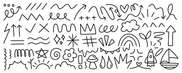 Doodle icon set with hand drawn style for decoration of graphic elements on transparent background