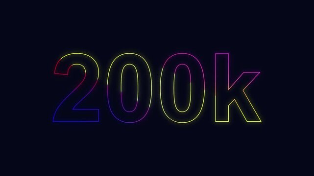 200k text icon. Glowing 200k text  animation on black background.