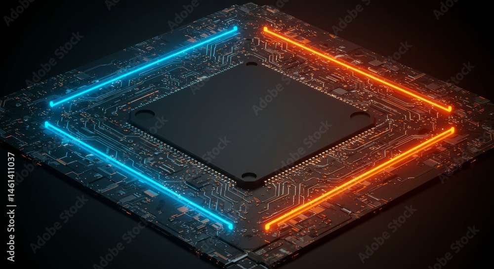Poster abstract computer circuit board with glowing neon lines in a dark setting. modern electronic circuit