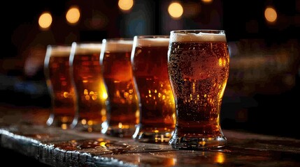 A collection of amber-colored beers in elegant glasses.