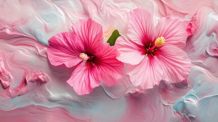 Two pink hibiscus flowers on an abstract pink and blue marble background.